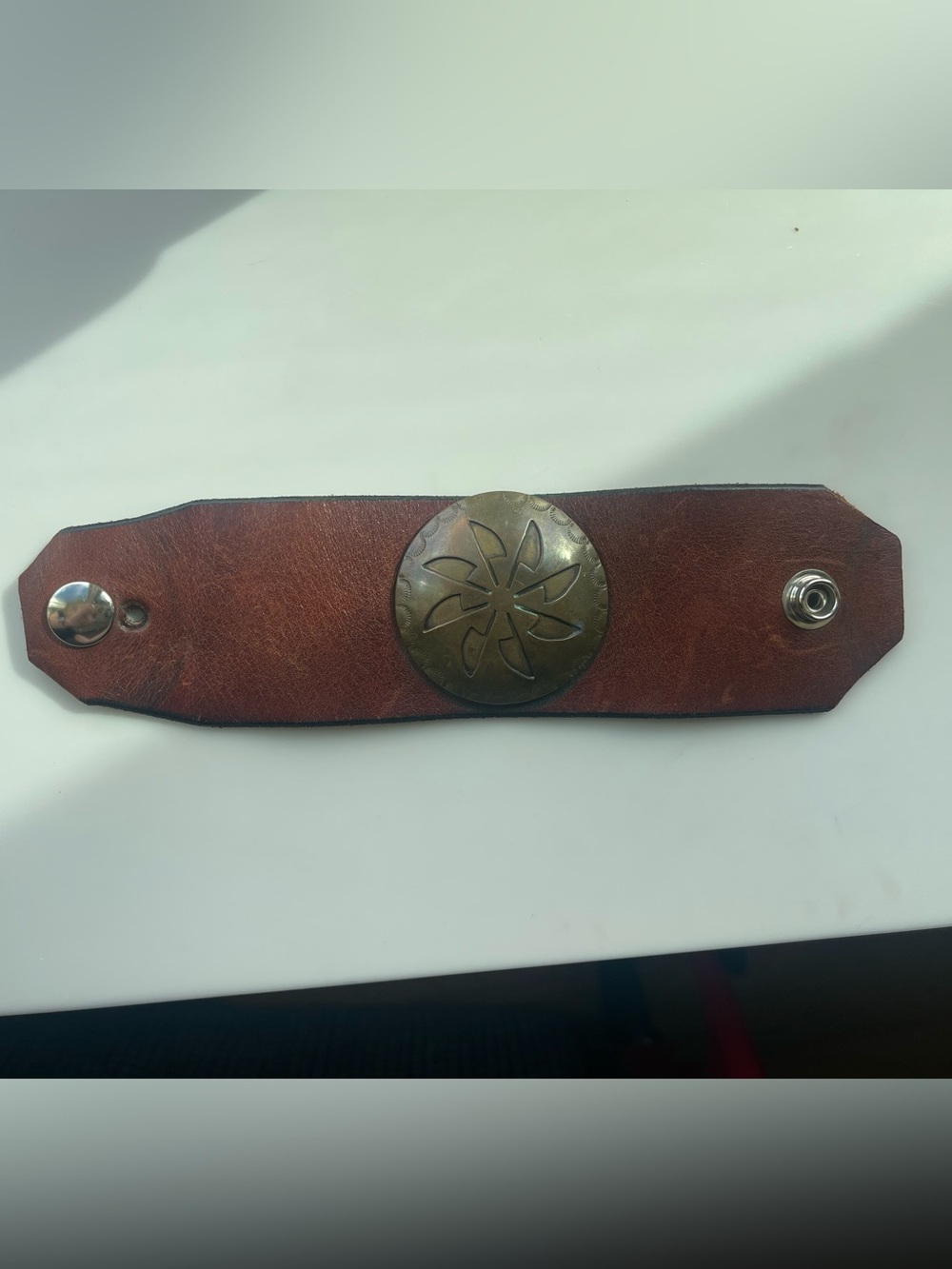 Vintage Leather Cuff Brass Floral Concho 70s Artisan - Picture 4 of 8